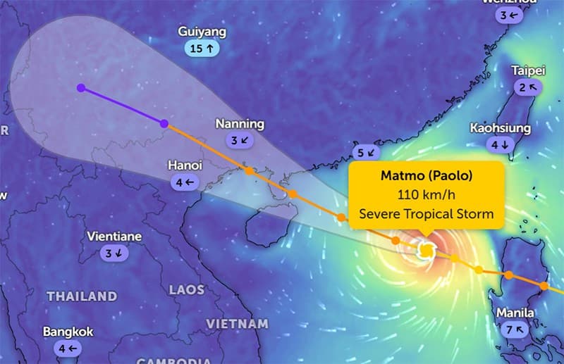Bão số 11 (Matmo), giật cấp 14, di chuyển nhanh theo hướng tây tây bắc