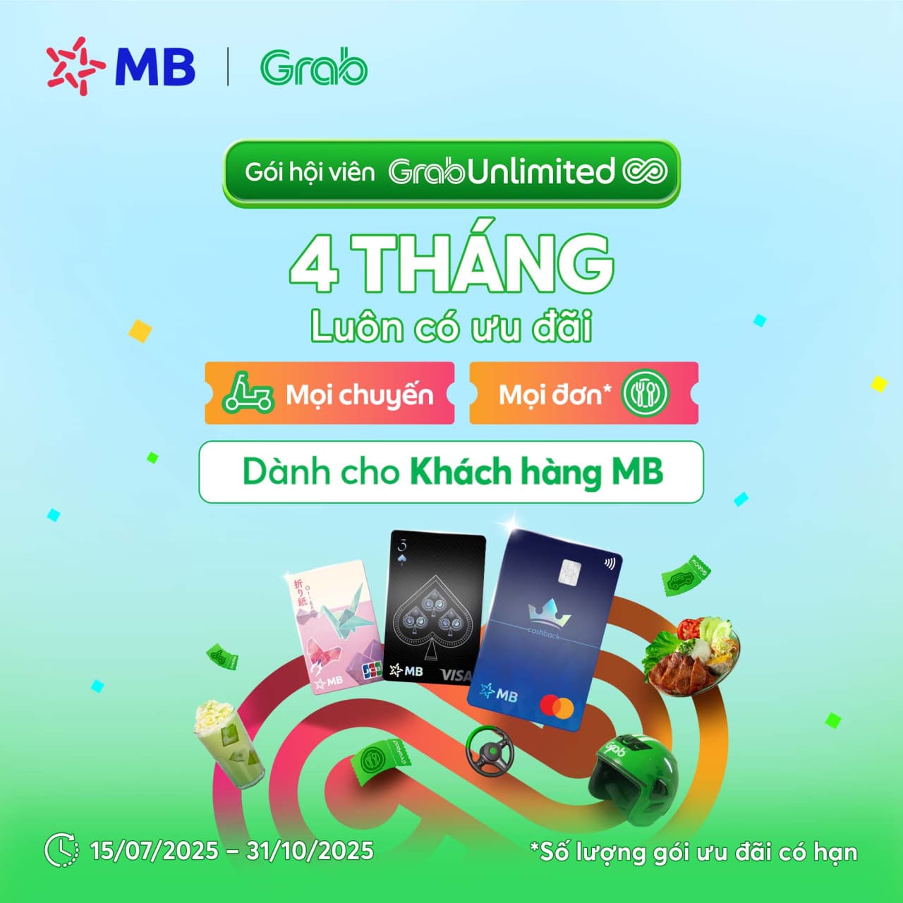 [MB x GRAB] Tặng 4 tháng GrabUnlimited dành cho Khách hàng MB Subscription/Chủ thẻ MB chưa chi tiêu trong tháng 7/2025.