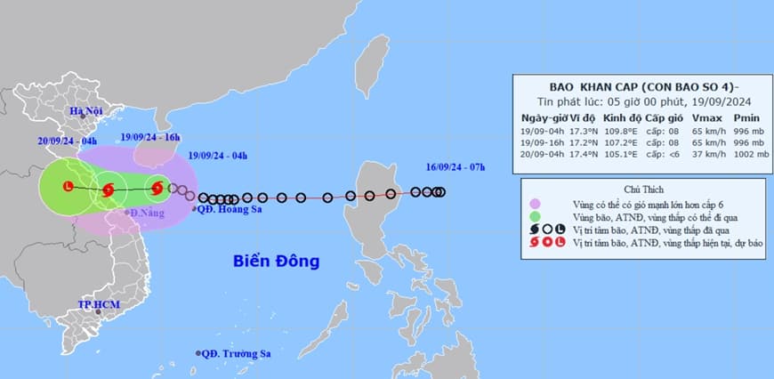 Áp thấp nhiệt đới đã mạnh lên thành bão số 4, cách Đà Nẵng 210km về phía Đông Bắc