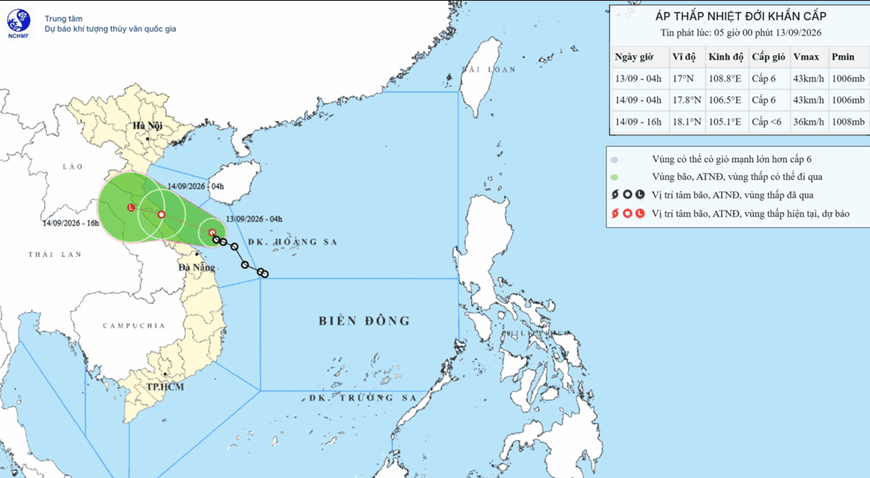 Áp thấp nhiệt đới cách TP Đà Nẵng khoảng 120km, miền Bắc và miền Trung đón mưa lớn