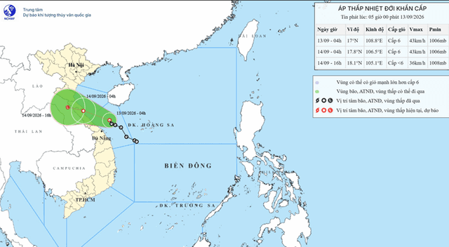 Áp thấp nhiệt đới cách TP Đà Nẵng khoảng 120km, miền Bắc và miền Trung đón mưa lớn