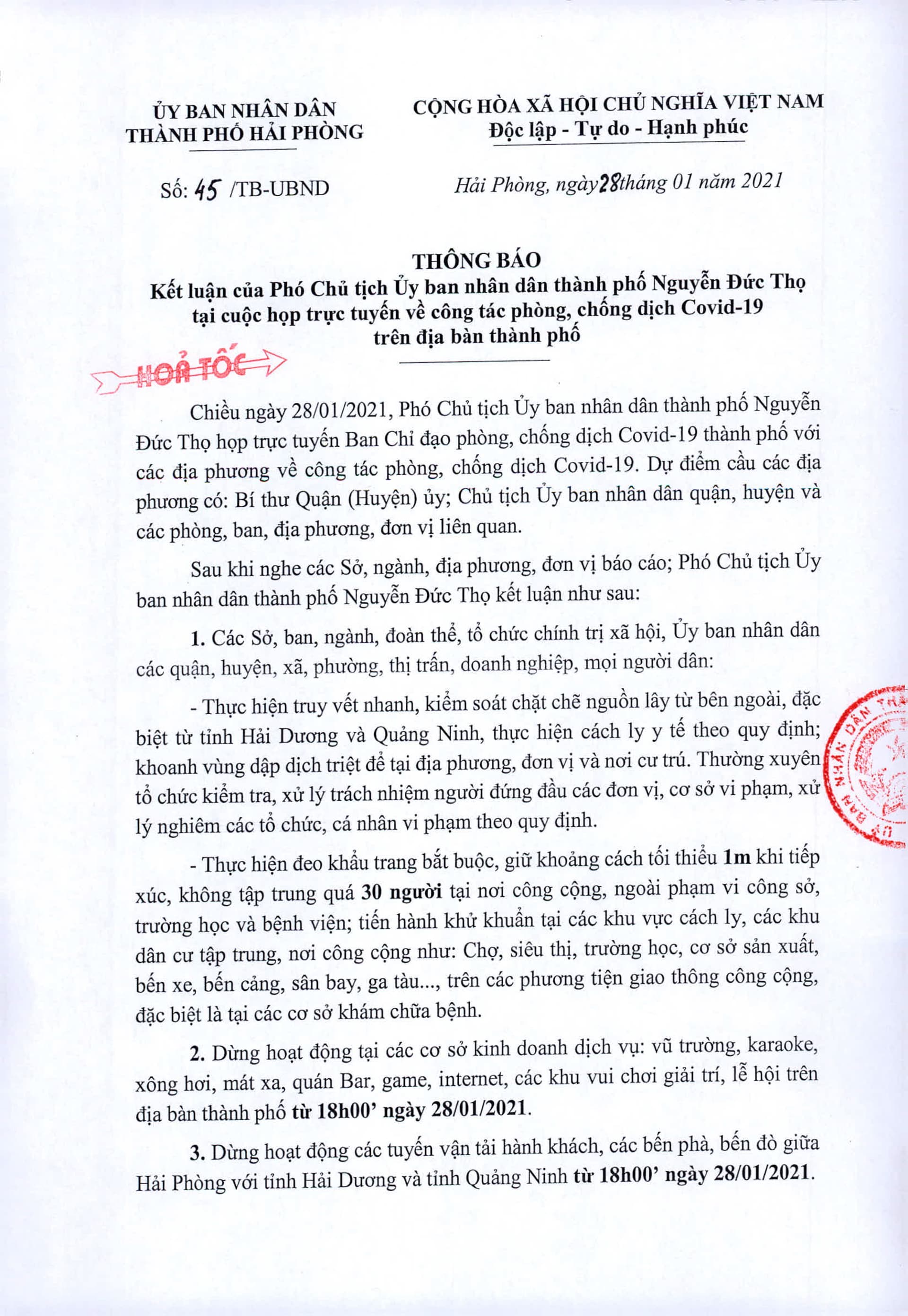 Thông báo khẩn của UBND thành phố Hải Phòng về kiểm soát dịch Covid-19