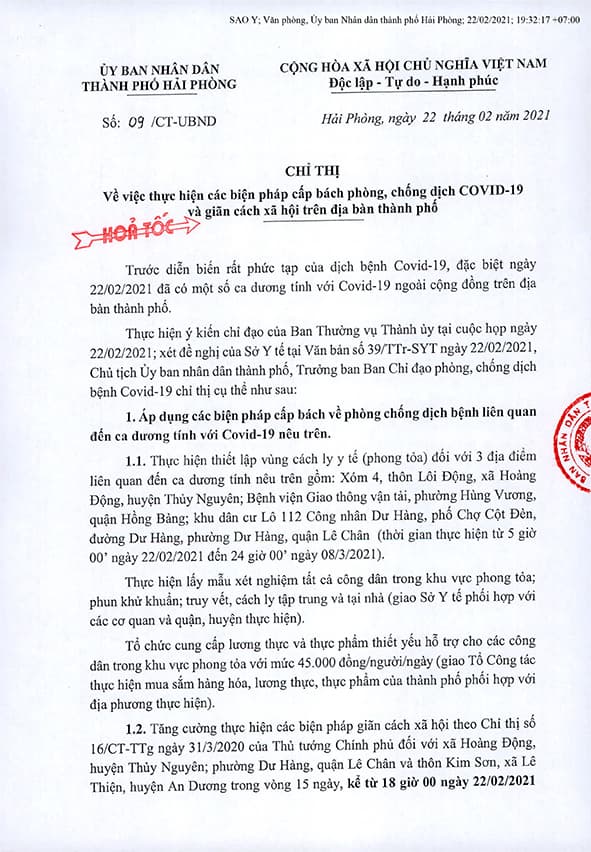 Hải Phòng thực hiện các biện pháp cấp bách phòng, chống dịch COVID-19 và giãn cách xã hội trên địa bàn thành phố