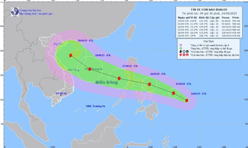 Bão Bualoi giật cấp 11 dự kiến đi vào Biển Đông ngày 26/9
