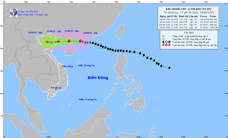 Bão Ragasa áp sát vịnh Bắc Bộ, cách Quảng Ninh khoảng 450km