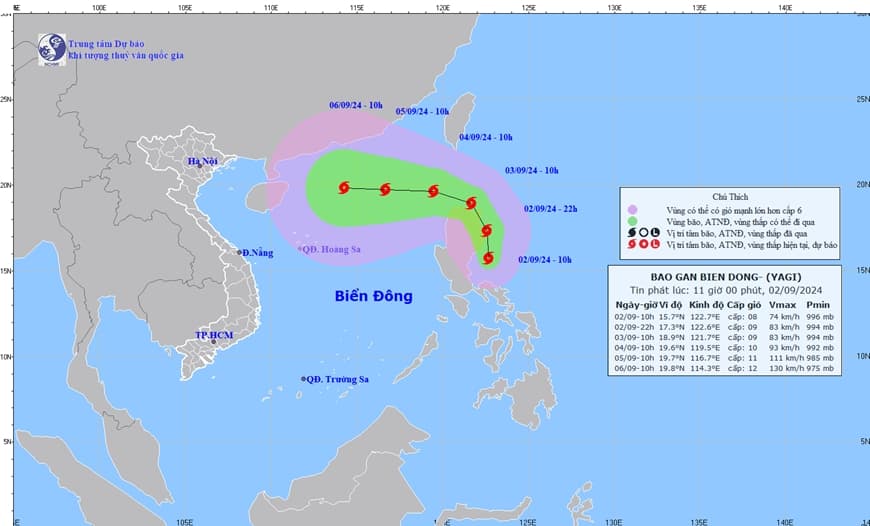 Chiều và đêm 3/9 bão Yagi đi vào Biển Đông