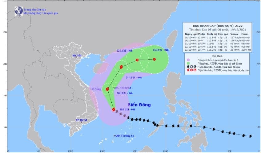 Thời tiết ngày 19/12: Bão số 9 hiện cách Bình Định-Phú Yên hơn 200km, giật trên cấp 17