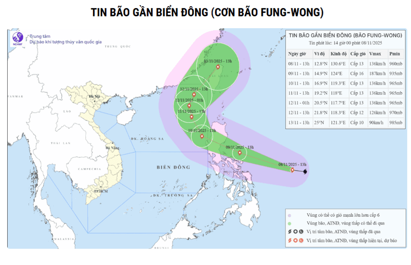 Bão Fung-Wong có khả năng di chuyển vào Biển Đông vào sáng 10/11