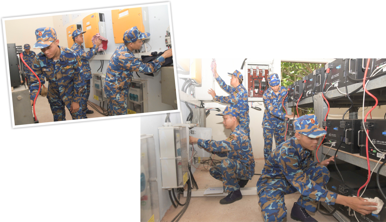 Cán bộ, chiến sĩ trên các đảo bảo quản, bảo dưỡng hệ thống tích điện năng lượng mặt trời và năng lượng gió
