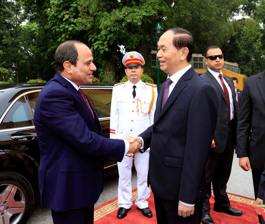 Chủ tịch nước Trần Đại Quang đón Tổng thống Ai Cập Abdel Fattah El-Sisi thăm cấp Nhà nước tới Việt Nam từ ngày 6-7/9/2017. (Ảnh: TTXVN)