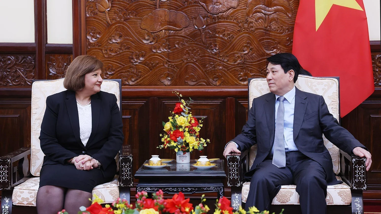 Chiều 1/7/2025, Chủ tịch nước Lương Cường tiếp Đại sứ Ai Cập Amal Abdel Kader Elmorsi Salama tới chào từ biệt, kết thúc nhiệm kỳ công tác tại Việt Nam. (Ảnh: TTXVN)