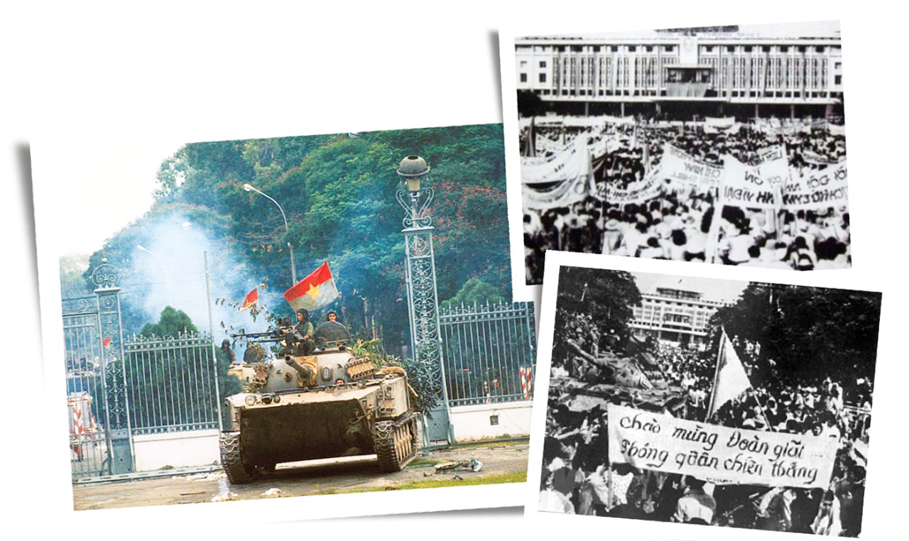 Xe tăng của Quân Giải phóng tiến vào Dinh Độc Lập ngày 30/4/1975. Nhân dân Sài Gòn đón chào Quân giải phóng chiếm phủ tổng thống ngụy, trưa 30/4/1975. Ảnh tư liệu